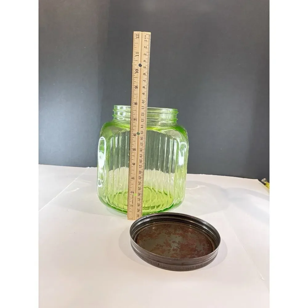 1930s Uranium Vaseline Glass Hoosier Style Canister Jar Ribbed UV Glow Lid